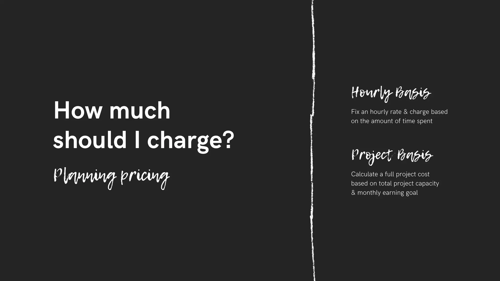 Hourly Basis
Fix an hourly rate & charge based
on the amount of time spent
Project Basis
Calculate a full project cost
based on total project capacity
& monthly earning goal
How much
should I charge?
Planning pricing
 