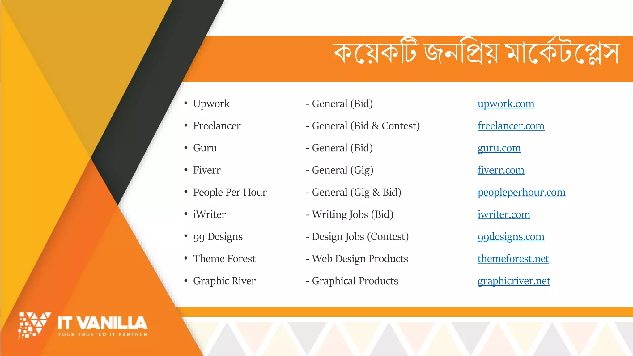 কসয়কটিজিরিয় োসকস টসে্
• Upwork - General (Bid) upwork.com
• Freelancer - General (Bid & Contest) freelancer.com
• Guru - General (Bid) guru.com
• Fiverr - General (Gig) fiverr.com
• People Per Hour - General (Gig & Bid) peopleperhour.com
• iWriter - Writing Jobs (Bid) iwriter.com
• 99 Designs - Design Jobs (Contest) 99designs.com
• Theme Forest - Web Design Products themeforest.net
• Graphic River - Graphical Products graphicriver.net
 