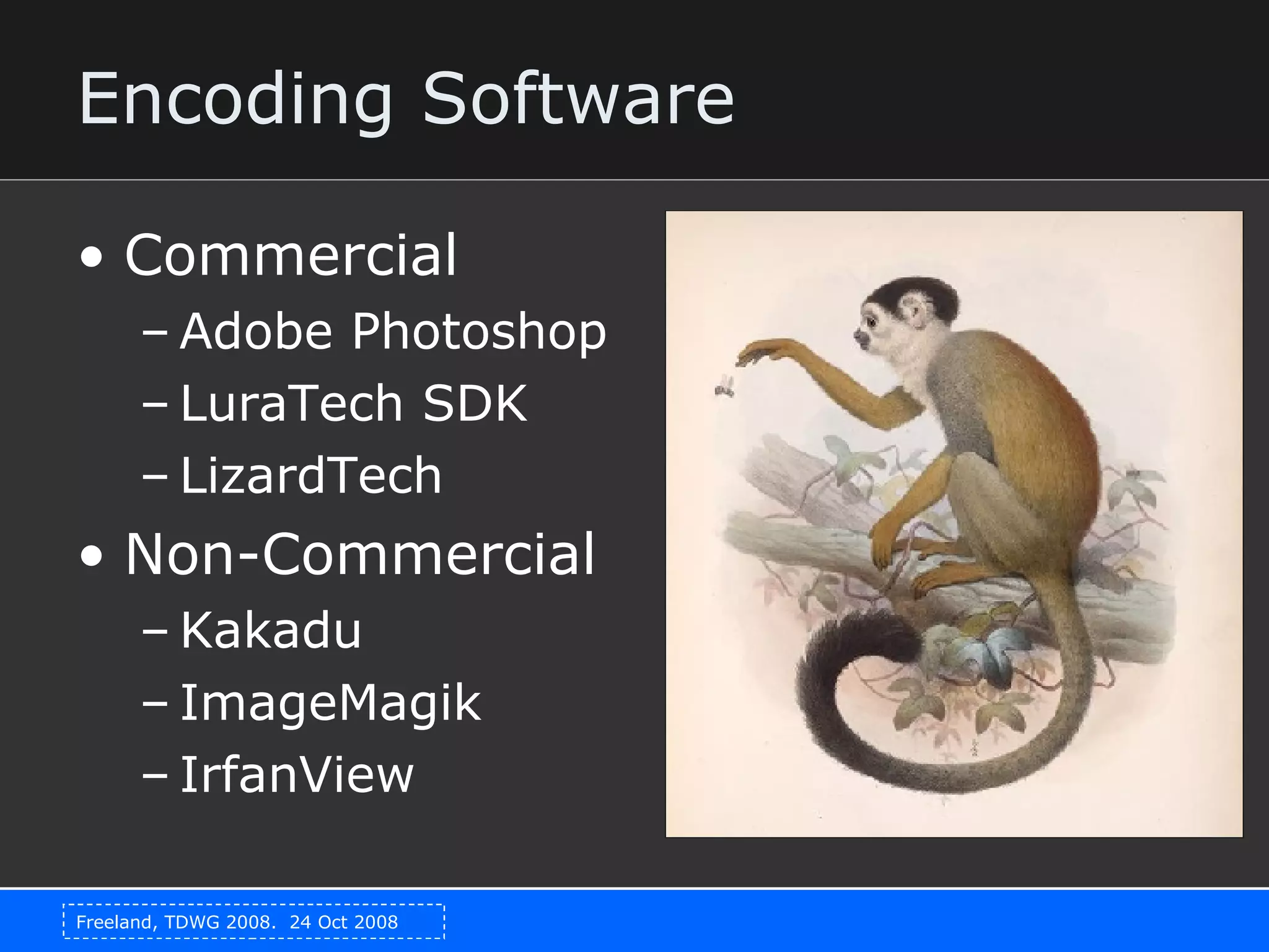 Encoding Software Commercial Adobe Photoshop LuraTech SDK LizardTech Non-Commercial Kakadu ImageMagik IrfanView 