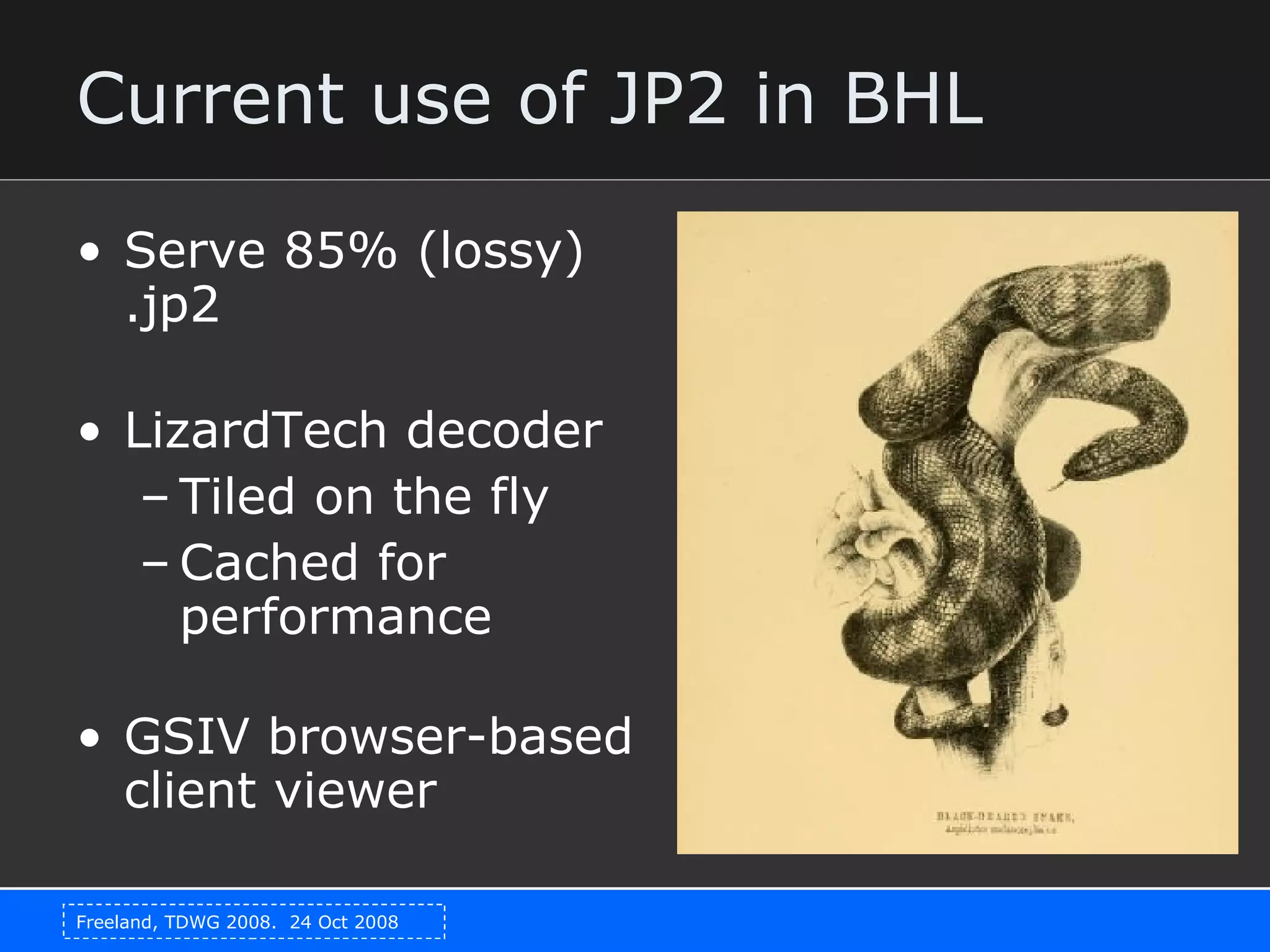 Current use of JP2 in BHL Serve 85% (lossy) .jp2 LizardTech decoder Tiled on the fly Cached for performance GSIV browser-based client viewer 