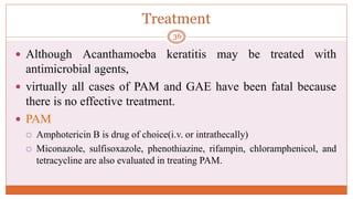 Treatment
 Although Acanthamoeba keratitis may be treated with
antimicrobial agents,
 virtually all cases of PAM and GAE have been fatal because
there is no effective treatment.
 PAM
 Amphotericin B is drug of choice(i.v. or intrathecally)
 Miconazole, sulfisoxazole, phenothiazine, rifampin, chloramphenicol, and
tetracycline are also evaluated in treating PAM.
36
 