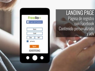 LANDING PAGE
Página de registro
con Facebook
Contenido personalizado
y adv
Name
Date
Sign In
Email
M/F
privacy
ADVERTISING
 