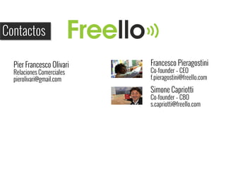 Francesco Pieragostini
Co-founder – CEO
f.pieragostini@freello.com
Simone Capriotti
Co-founder – CBO
s.capriotti@freello.com
Contactos
Pier Francesco Olivari
Relaciones Comerciales
pierolivari@gmail.com
 