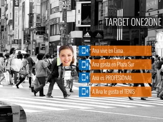 TARGET ONE2ONE
Ana gasta en Plaza Sur
Ana es PROFESIONAL
A Ana le gusta el TENIS
Ana vive en Lima
 