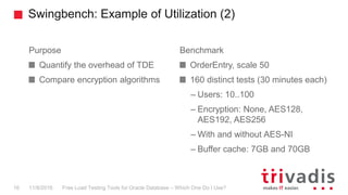 Swingbench: Example of Utilization (2)
Free Load Testing Tools for Oracle Database – Which One Do I Use?16 11/8/2016
Purpose
Quantify the overhead of TDE
Compare encryption algorithms
Benchmark
OrderEntry, scale 50
160 distinct tests (30 minutes each)
– Users: 10..100
– Encryption: None, AES128,
AES192, AES256
– With and without AES-NI
– Buffer cache: 7GB and 70GB
 