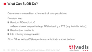 What Can SLOB Do?
Free Load Testing Tools for Oracle Database – Which One Do I Use?20 08/11/2016
Create one or several test schemas (incl. data population)
Generate load
Random PIO and/or LIO
– Generation of sequential/large PIO by forcing a FTS (e.g. invisible index)
Read only or read write
Lite or heavy redo generation
Store DB as well as OS key performance indicators about test run
 