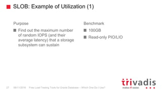 SLOB: Example of Utilization (1)
Free Load Testing Tools for Oracle Database – Which One Do I Use?27 08/11/2016
Purpose
Find out the maximum number
of random IOPS (and their
average latency) that a storage
subsystem can sustain
Benchmark
100GB
Read-only PIO/LIO
 