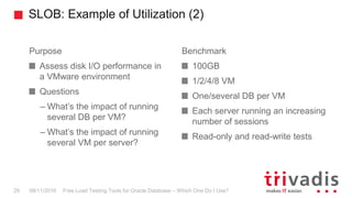 SLOB: Example of Utilization (2)
Free Load Testing Tools for Oracle Database – Which One Do I Use?29 08/11/2016
Purpose
Assess disk I/O performance in
a VMware environment
Questions
– What’s the impact of running
several DB per VM?
– What’s the impact of running
several VM per server?
Benchmark
100GB
1/2/4/8 VM
One/several DB per VM
Each server running an increasing
number of sessions
Read-only and read-write tests
 