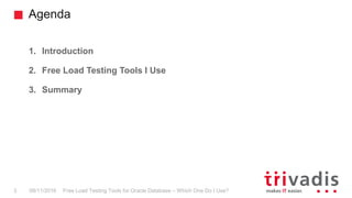 Agenda
Free Load Testing Tools for Oracle Database – Which One Do I Use?3 08/11/2016
1. Introduction
2. Free Load Testing Tools I Use
3. Summary
 
