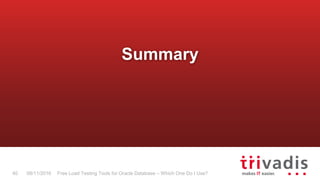 Free Load Testing Tools for Oracle Database – Which One Do I Use?40 08/11/2016
Summary
 