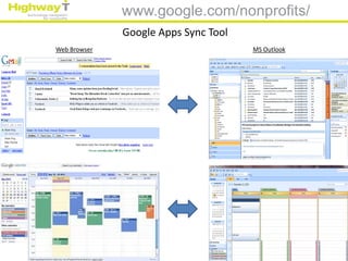 www.google.com/nonprofits/
              Google Apps Sync Tool
Web Browser                           MS Outlook
 