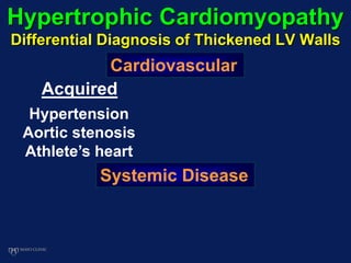 Hypertrophic Cardiomyopathy
Differential Diagnosis of Thickened LV Walls
Cardiovascular
Systemic Disease
Acquired
Hypertension
Aortic stenosis
Athlete’s heart
 