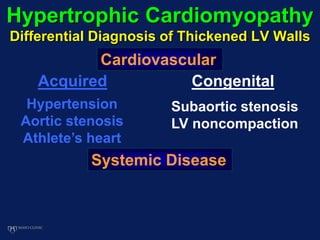 Hypertrophic Cardiomyopathy
Differential Diagnosis of Thickened LV Walls
Cardiovascular
Systemic Disease
Acquired Congenital
Hypertension
Aortic stenosis
Athlete’s heart
Subaortic stenosis
LV noncompaction
 