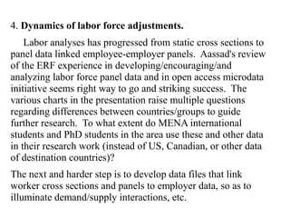 4. Dynamics of labor force adjustments.
Labor analyses has progressed from static cross sections to
panel data linked employee-employer panels. Aassad's review
of the ERF experience in developing/encouraging/and
analyzing labor force panel data and in open access microdata
initiative seems right way to go and striking success. The
various charts in the presentation raise multiple questions
regarding differences between countries/groups to guide
further research. To what extent do MENA international
students and PhD students in the area use these and other data
in their research work (instead of US, Canadian, or other data
of destination countries)?
The next and harder step is to develop data files that link
worker cross sections and panels to employer data, so as to
illuminate demand/supply interactions, etc.
 