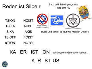 TSION NOIST
TSIKA AKIST
SIKA AKIS (Geh’ und schrei so laut wie möglich „Akis!“)
Reden ist Silbe r
TSIOFF FOIST
ISTON NOTSI
ISTKA ER ON bei längerem Gebrauch (Usus)…
K R IST US
Salz- und Schwingungsaktiv
SAL OM ON
 