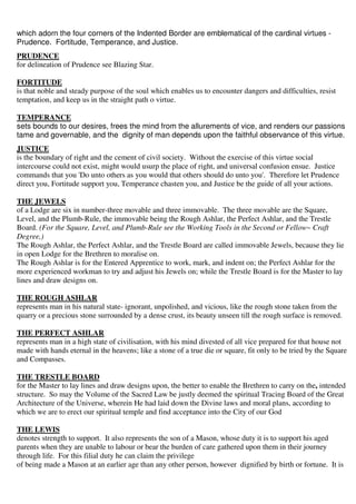 which adorn the four corners of the Indented Border are emblematical of the cardinal virtues - 
Prudence. Fortitude, Temperance, and Justice. 
PRUDENCE 
for delineation of Prudence see Blazing Star. 
FORTITUDE 
is that noble and steady purpose of the soul which enables us to encounter dangers and difficulties, resist 
temptation, and keep us in the straight path o virtue. 
TEMPERANCE 
sets bounds to our desires, frees the mind from the allurements of vice, and renders our passions 
tame and governable, and the dignity of man depends upon the faithful observance of this virtue. 
JUSTICE 
is the boundary of right and the cement of civil society. Without the exercise of this virtue social 
intercourse could not exist, might would usurp the place of right, and universal confusion ensue. Justice 
commands that you 'Do unto others as you would that others should do unto you'. Therefore let Prudence 
direct you, Fortitude support you, Temperance chasten you, and Justice be the guide of all your actions. 
THE JEWELS 
of a Lodge are six in number-three movable and three immovable. The three movable are the Square, 
Level, and the Plumb-Rule, the immovable being the Rough Ashlar, the Perfect Ashlar, and the Trestle 
Board. (For the Square, Level, and Plumb-Rule see the Working Tools in the Second or Fellow~ Craft 
Degree,) 
The Rough Ashlar, the Perfect Ashlar, and the Trestle Board are called immovable Jewels, because they lie 
in open Lodge for the Brethren to moralise on. 
The Rough Ashlar is for the Entered Apprentice to work, mark, and indent on; the Perfect Ashlar for the 
more experienced workman to try and adjust his Jewels on; while the Trestle Board is for the Master to lay 
lines and draw designs on. 
THE ROUGH ASHLAR 
represents man in his natural state- ignorant, unpolished, and vicious, like the rough stone taken from the 
quarry or a precious stone surrounded by a dense crust, its beauty unseen till the rough surface is removed. 
THE PERFECT ASHLAR 
represents man in a high state of civilisation, with his mind divested of all vice prepared for that house not 
made with hands eternal in the heavens; like a stone of a true die or square, fit only to be tried by the Square 
and Compasses. 
THE TRESTLE BOARD 
for the Master to lay lines and draw designs upon, the better to enable the Brethren to carry on the, intended 
structure. So may the Volume of the Sacred Law be justly deemed the spiritual Tracing Board of the Great 
Architecture of the Universe, wherein He had laid down the Divine laws and moral plans, according to 
which we are to erect our spiritual temple and find acceptance into the City of our God 
THE LEWIS 
denotes strength to support. It also represents the son of a Mason, whose duty it is to support his aged 
parents when they are unable to labour or bear the burden of care gathered upon them in their journey 
through life. For this filial duty he can claim the privilege 
of being made a Mason at an earlier age than any other person, however dignified by birth or fortune. It is 
 