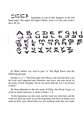 beginning at top of this diagram at the left 
hand angle. The upper left angle without a dot is A, the same with a 
dot is B, etc. 
Q. What further was said to you? A. The High Priest read the 
following passage: 
Exodus vi. 2, 3. "And God spake unto Moses, and said unto him, I am 
the Lord, and I appealed unto Abraham, unto Isaac, and unto Jacob, by 
the name of God Almighty, but by my name Jehovah was I not known 
to them." 
He then informed us that the name of Deity, the divine Logos, or 
word, to which reference is made in John i. 1-5. 
"In the beginning was the word, and the word was with God, and the 
word was God, the same was in the beginning with God, all things were 
made by Him, and without Him was not anything made that was made. 
 