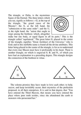 The triangle, or Delta, is the mysterious 
figure of the Eternal. The three letters which 
you see, signify as follows:—G, at the top of 
the triangle, "the grand cause of the 
Masons": the S, at the left hand, the 
"submission to the same order": and the U, 
at the right hand, the "union that ought to 
reign among the brethren: which, altogether 
make but one body, or equal figure in all its parts." This is the 
triangle called "equilateral." The great letter G, placed in the centre 
of the triangle, signifies "Great Architect of the Universe," who is 
God; and in this ineffable name is found all the divine attributes. This 
letter being placed in the centre of the triangle, is for us to understand 
that every true Mason must have it profoundly in his heart. There is 
another triangle, on which is engraved S. B. and N., of which you 
have had an explanation in a preceding degree. This triangle designs 
the connection of the brethren in virtue. 
B 
S N 
G 
G 
S U 
The solemn promise they have made to love each other; to help, 
succor, and keep inviolably secret, their mysteries of the perfection 
proposed, in all their enterprises. It is said in that degree, that "You 
have entered the Third Heaven, that means you have entered the 
place where pure truth resides, since she abandoned the earth to 
monsters who persecuted her." 
 