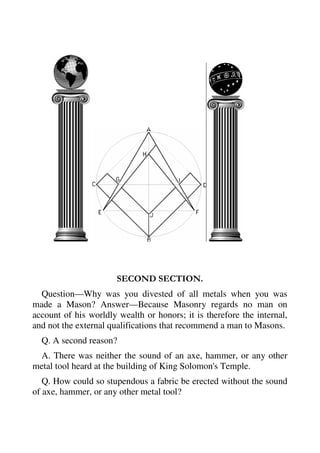 SECOND SECTION. 
Question—Why was you divested of all metals when you was 
made a Mason? Answer—Because Masonry regards no man on 
account of his worldly wealth or honors; it is therefore the internal, 
and not the external qualifications that recommend a man to Masons. 
Q. A second reason? 
A. There was neither the sound of an axe, hammer, or any other 
metal tool heard at the building of King Solomon's Temple. 
Q. How could so stupendous a fabric be erected without the sound 
of axe, hammer, or any other metal tool? 
 