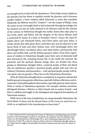 114 LITERATURE OF GNOSTIC WISDOM 
are brought forth to deal with the disturbance. Christ helps restore Sophia to 
the pleroma, but her desire is expelled outside the pleroma, and it becomes 
another Sophia, a lower wisdom called Achamoth (a name that resembles 
Hokhmah, the Hebrew word for "wisdom"—see the Gospel of Philip). Jesus 
the savior in turn is brought forth to heal Achamoth through knowledge, but 
her passions are also set aside, destined to be elements used for the creation 
of the cosmos. In Valentinian thought the mythic drama thus takes place at 
two levels, above and below, and the integrity of the divine fullness itself 
is protected by means of a limit or boundary (hows)—hence the need for 
Sophia above and Achamoth below, and Christ above and Jesus below. A 
mythic drama that takes place above and below also may be observed in the 
Secret Book of John and other Sethian texts, with forethought above and 
afterthought below, Geradamas above and Adam below, and heavenly Seth 
above and earthly Seth, and the Sethian gnostics, below. From these experi­ences 
of wisdom in Valentinian thought come three sorts of elemental stuff 
that characterize life, including human life, in the world: the material, the 
psychical, and the spiritual. Human beings, then, are divided into three 
groups in Valentinian thought: hylics—material people of flesh and blood 
who are unbelievers; psychics—psychical people, people with soul, who are 
ordinary Christians; and pneumatics—truly spiritual people, people with di­vine 
spirit, who are gnostics. These last are the Valentinians themselves. 
All in all, Valentinian thought shows a complexity in its gnostic scheme that 
builds upon previous gnostic reflections, especially Sethian reflections, and in­corporates 
Greek philosophical observations, especially platonic observations. 
There is variety in Valentinian expression—for example, scholars sometimes 
distinguish between a Western or Italic branch and an eastern branch—and 
there is subtlety and insight in the theological and exegetical formulations of 
Valentinian teachers. 
While most of the texts included here are unquestionably Valentinian, the 
Secret Book of James and the Round Dance of the Cross are much less cer­tainly 
so, as explained in the introductions to those texts.11 
11. Other Valentinian texts and fragments of texts are also known, including fragments and dis­cussions 
in the heresiologists, Excerpts of Theodotus, the Tripartite Tractate (Nag Hammadi 
Codex 1,5), the Interpretation of Knowledge (XI,i), and a Valentinian Exposition (XI,2). The 
Testimony of Truth (IXj) also has echoes as well as criticism of Valentinian thought and prac­tice. 
Birger Pearson suggests the possibility that Julius Cassianus may have been the author of 
this text. 
 