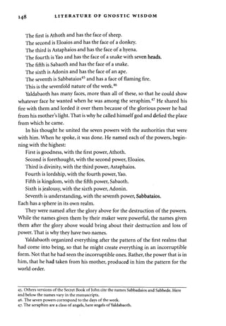 148 LITERATURE OF GNOSTIC WISDOM 
The first is Athoth and has the face of sheep. 
The second is Eloaios and has the face of a donkey. 
The third is Astaphaios and has the face of a hyena. 
The fourth is Yao and has the face of a snake with seven heads. 
The fifth is Sabaoth and has the face of a snake. 
The sixth is Adonin and has the face of an ape. 
The seventh is Sabbataios45 and has a face of flaming fire. 
This is the sevenfold nature of the week.46 
Yaldabaoth has many faces, more than all of these, so that he could show 
whatever face he wanted when he was among the seraphim.47 He shared his 
fire with them and lorded it over them because of the glorious power he had 
from his mother's light. That is why he called himself god and defied the place 
from which he came. 
In his thought he united the seven powers with the authorities that were 
with him. When he spoke, it was done. He named each of the powers, begin­ning 
with the highest: 
First is goodness, with the first power, Athoth. 
Second is forethought, with the second power, Eloaios. 
Third is divinity, with the third power, Astaphaios. 
Fourth is lordship, with the fourth power, Yao. 
Fifth is kingdom, with the fifth power, Sabaoth. 
Sixth is jealousy, with the sixth power, Adonin. 
Seventh is understanding, with the seventh power, Sabbataios. 
Each has a sphere in its own realm. 
They were named after the glory above for the destruction of the powers. 
While the names given them by their maker were powerful, the names given 
them after the glory above would bring about their destruction and loss of 
power. That is why they have two names. 
Yaldabaoth organized everything after the pattern of the first realms that 
had come into being, so that he might create everything in an incorruptible 
form. Not that he had seen the incorruptible ones. Rather, the power that is in 
him, that he had taken from his mother, produced in him the pattern for the 
world order. 
45. Others versions of the Secret Book of John cite the names Sabbadaios and Sabbede. Here 
and below the names vary in the manuscripts. 
46. The seven powers correspond to the days of the week. 
47. The seraphim are a class of angels, here angels of Yaldabaoth. 
 