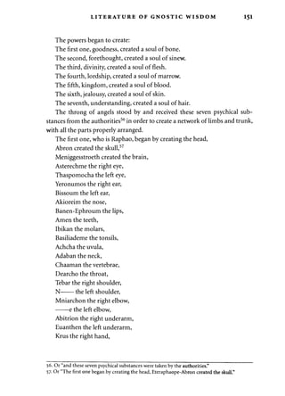 LITERATURE OP GNOSTIC WISDOM 151 
The powers began to create: 
The first one, goodness, created a soul of bone. 
The second, forethought, created a soul of sinew. 
The third, divinity, created a soul of flesh. 
The fourth, lordship, created a soul of marrow. 
The fifth, kingdom, created a soul of blood. 
The sixth, jealousy, created a soul of skin. 
The seventh, understanding, created a soul of hair. 
The throng of angels stood by and received these seven psychical sub­stances 
from the authorities56 in order to create a network of limbs and trunk, 
with all the parts properly arranged. 
The first one, who is Raphao, began by creating the head, 
Abron created the skull,57 
Meniggesstroeth created the brain, 
Asterechme the right eye, 
Thaspomocha the left eye, 
Yeronumos the right ear, 
Bissoum the left ear, 
Akioreim the nose, 
Banen-Ephroum the lips, 
Amen the teeth, 
Ibikan the molars, 
Basiliademe the tonsils, 
Achcha the uvula, 
Adaban the neck, 
Chaaman the vertebrae, 
Dearcho the throat, 
Tebar the right shoulder, 
N the left shoulder, 
Mniarchon the right elbow, 
e the left elbow, 
Abitrion the right underarm, 
Euanthen the left underarm, 
Krus the right hand, 
56. Or "and these seven psychical substances were taken by the authorities." 
57. Or "The first one began by creating the head, Eteraphaope-Abron created the skull." 
 