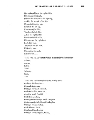 LITERATURE OF GNOSTIC WISDOM 
Gormakaiochlabar the right thigh, 
Nebrith the left thigh, 
Pserem the muscles of the right leg, 
Asaklas the muscle of the left, 
Ormaoth the right leg, 
Emenun the left leg, 
Knux the right shin, 
Tupelon the left shin, 
Achiel the right ankle, 
Phneme the left ankle, 
Phiouthrom the right foot, 
Boabel its toes, 
Trachoun the left foot, 
Phikna its toes, 
Miamai the toenails, 
Labernioum 
Those who are appointed over all these are seven in number: 
Athoth, 
Armas, 
Kalila, 
Yabel, 
Sabaoth, 
Cain, 
Abel. 
Those who activate the limbs are, part by part: 
the head, Diolimodraza, 
the neck, Yammeax, 
the right shoulder, Yakouib, 
the left shoulder, Ouerton, 
the right hand, Oudidi, 
the left one, Arbao, 
the fingers of the right hand, Lampno, 
the fingers of the left hand, Leekaphar, 
the right breast, Barbar, 
the left breast, Imae, 
the chest, Pisandraptes, 
the right shoulder joint, Koade, 
 