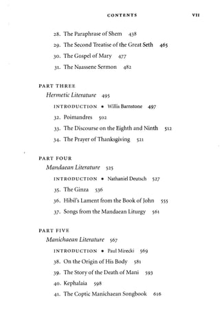 CONTENTS VII 
28. The Paraphrase of Shem 438 
29. The Second Treatise of the Great Seth 465 
30. The Gospel of Mary 477 
31. The Naassene Sermon 482 
PART THREE 
Hermetic Literature 495 
INTRODUCTION • Willis Barnstone 497 
32. Poimandres 502 
33. The Discourse on the Eighth and Ninth 512 
34. The Prayer of Thanksgiving 521 
PART FOUR 
Mandaean Literature 525 
INTRODUCTION • NathanielDeutsch 527 
35. The Ginza 536 
36. Hibil's Lament from the Book of John 555 
37. Songs from the Mandaean Liturgy 561 
PART FIVE 
Manichaean Literature 567 
INTRODUCTION • PaulMirecki 569 
38. On the Origin of His Body 581 
39. The Story of the Death of Mani 593 
40. Kephalaia 598 
41. The Coptic Manichaean Songbook 616 
 