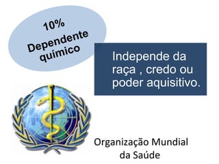 Organização Mundial
da Saúde
10%
Dependente
químico
Independe da
raça , credo ou
poder aquisitivo.
 
