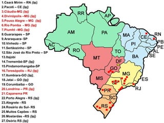 .
.
.
.
..
1.Ceará Mirim – RN (lei)
2.Pacoti – CE (lei)
3.Cláudio-MG (lei)
4.Divinópolis –MG (lei)
5.Pouso Alegre – MG (lei)
6.Rio Pomba - MG (lei)
7.PiumhI –MG (lei)
8.Guararapes – SP
9.Araraquara- SP
10.Vinhedo – SP
11.Sertãozinho - SP
12.São José do Rio Preto – SP
13.Itajobi
14.Tremembé-SP (lei)
15.Pindamonhangaba-SP
16.Teresópolis – RJ (lei)
17.Itumbiara-GO (lei)
18.Jataí – GO (lei)
19.Corumbaíba – GO
20.Londrina – PR (lei)
21.Capanema PR
22.Porto Alegre - RS (lei)
23.Alegrete - RS
24.Rosário do Sul- RS
25.Muitos Capões – RS
26.Mostardas –RS (lei)
27.Osório RS (lei)
.
.
.. .
. . ....
.
..
.
.
..
.
 