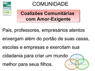 COMUNIDADE
Pais, professores, empresários atentos
enxergam além do portão de suas casas,
escolas e empresas e exercitam sua
cidadania para criar um mundo
melhor para seus filhos.
Coalizões Comunitárias
com Amor-Exigente
Coalizões Comunitárias
com Amor-Exigente
 