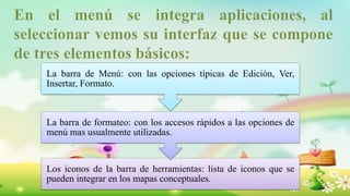 Los iconos de la barra de herramientas: lista de iconos que se
pueden integrar en los mapas conceptuales.
La barra de formateo: con los accesos rápidos a las opciones de
menú mas usualmente utilizadas.
La barra de Menú: con las opciones típicas de Edición, Ver,
Insertar, Formato.
 