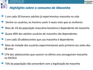 1 em cada 10 homens adultos já experimentou maconha na vida

 Dentre os usuários, os homens usam 3 vezes mais que as mulheres

Mais de 1% da população masculina brasileira é dependente de maconha

Quase 40% dos adultos usuários de maconha são dependentes

1 em cada 10 adolescentes que usa maconha é dependente

Mais da metade dos usuários experimentaram pela primeira vez antes dos
18 anos

17% dos adolescentes que usaram no último ano conseguiram maconha
na ESCOLA

75% da população não concordam com a legalização da maconha
 