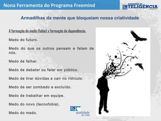 Nona Ferramenta do Programa Freemind
A formação do medo (fobia) x formação da dependência.
Medo do futuro.
Medo do que os outros pensam e falam de
nós.
Medo de falhar.
Medo de debater ou falar em público.
Medo de tirar dúvidas e cair no ridículo.
Medo de ser zombado e excluído.
Medo de trabalhar em equipe.
Medo do novo (tecnofobia).
Medo do medo.
Armadilhas da mente que bloqueiam nossa criatividade
 