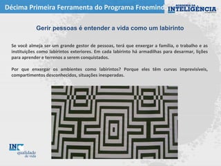 Décima Primeira Ferramenta do Programa Freemind
Gerir pessoas é entender a vida como um labirinto
Se você almeja ser um grande gestor de pessoas, terá que enxergar a família, o trabalho e as
instituições como labirintos exteriores. Em cada labirinto há armadilhas para desarmar, lições
para aprender e terrenos a serem conquistados.
Por que enxergar os ambientes como labirintos? Porque eles têm curvas imprevisíveis,
compartimentos desconhecidos, situações inesperadas.
 
