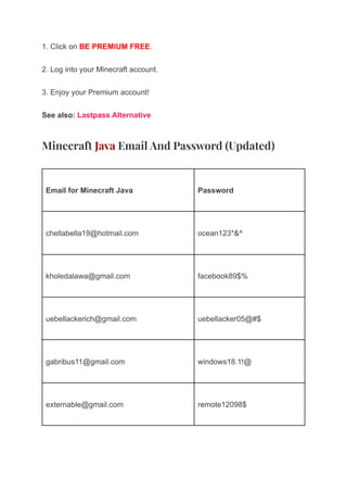 1. Click on BE PREMIUM FREE.
2. Log into your Minecraft account.
3. Enjoy your Premium account!
See also: Lastpass Alternative
Minecraft Java Email And Password​(Updated)
Email for Minecraft Java Password
chellabella19@hotmail.com ocean123*&^
kholedalawa@gmail.com facebook89$%
uebellackerich@gmail.com uebellacker05@#$
gabribus11@gmail.com windows18.1!@
externable@gmail.com remote12098$
 