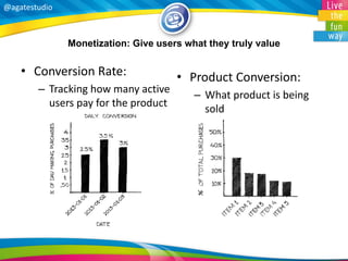 @agatestudio 
Monetization: Give users what they truly value 
• Conversion Rate: 
– Tracking how many active 
users pay for the product 
• Product Conversion: 
– What product is being 
sold 
 
