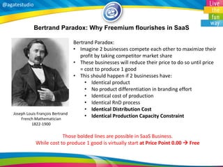 @agatestudio 
Bertrand Paradox: Why Freemium flourishes in SaaS 
Joseph Louis François Bertrand French Mathematician 1822-1900 
Bertrand Paradox: 
•Imagine 2 businesses compete each other to maximize their profit by taking competitor market share 
•These businesses will reduce their price to do so until price = cost to produce 1 good 
•This should happen if 2 businesses have: 
•Identical product 
•No product differentiation in branding effort 
•Identical cost of production 
•Identical RnD process 
•Identical Distribution Cost 
•Identical Production Capacity Constraint 
Those bolded lines are possible in SaaS Business. 
While cost to produce 1 good is virtually start at Price Point 0.00  Free  