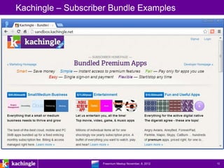 Kachingle – Subscriber Bundle Examples




                www.kachingle.com | fred.dewey@kachingle.com | 650.376.0170
                         Freemium Meetup November, 8, 2012                    12
 
