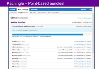 Kachingle – Point-based bundles!




                 www.kachingle.com | fred.dewey@kachingle.com | 650.376.0170
                          Freemium Meetup November, 8, 2012                    13
 