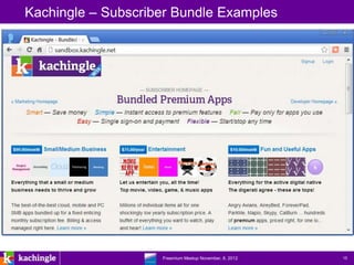 Kachingle – Subscriber Bundle Examples




                www.kachingle.com | fred.dewey@kachingle.com | 650.376.0170
                         Freemium Meetup November, 8, 2012                    15
 