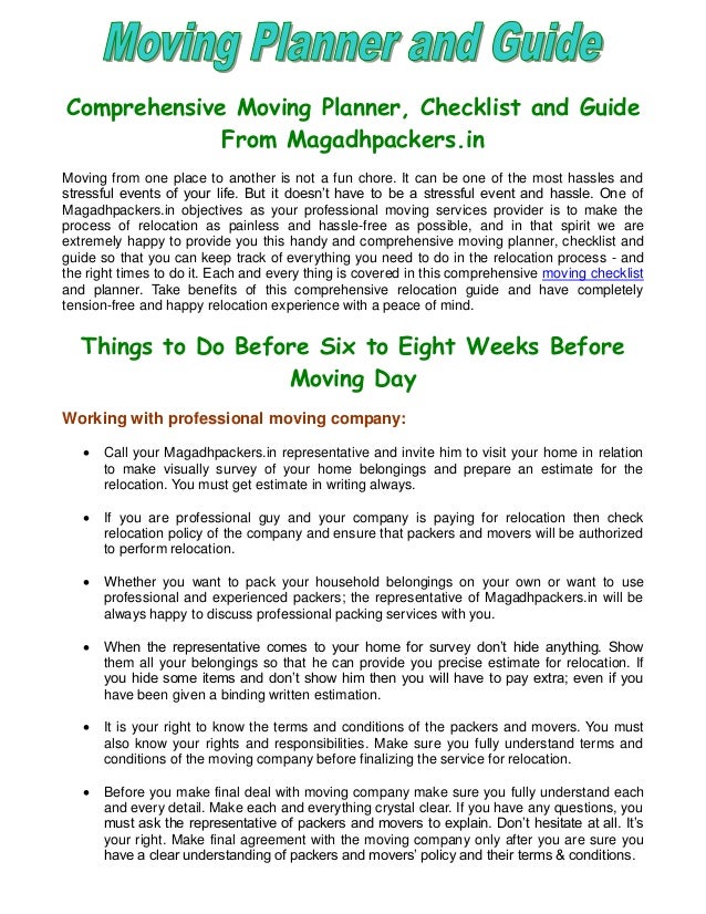 Comprehensive Moving Planner, Checklist and Guide From Magadhpackers.in