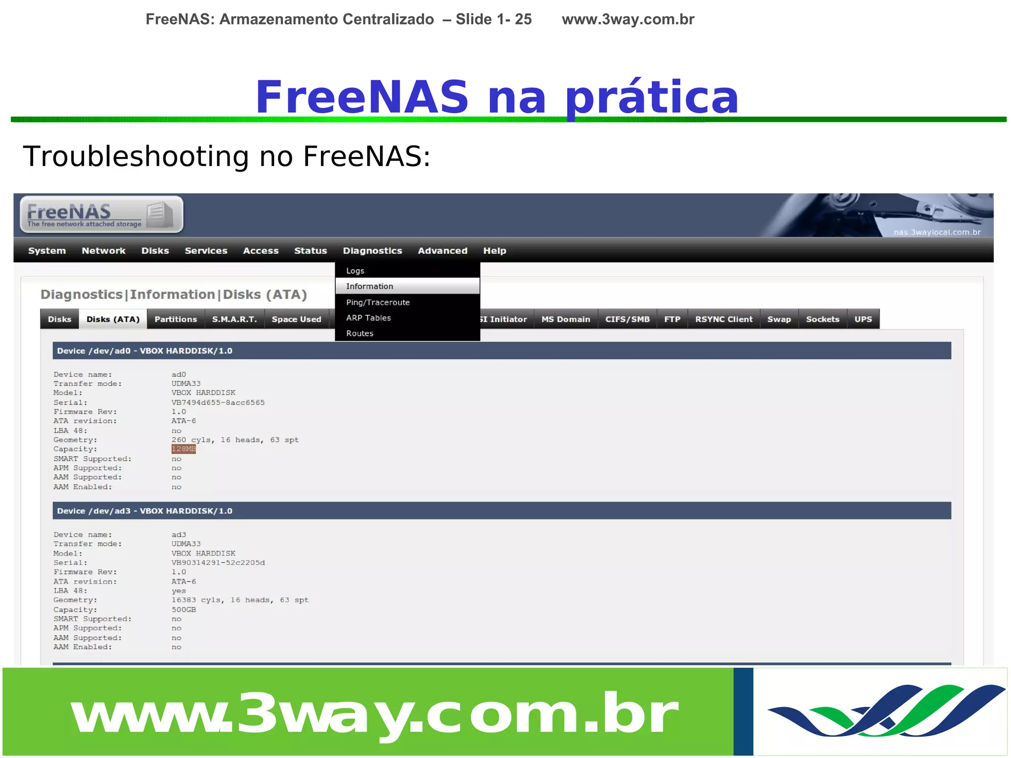 FreeNAS: Armazenamento Centralizado – Slide 1- 25   www.3way.com.br




                     FreeNAS na prática
Troubleshooting no FreeNAS:




  w w
   w .3w .com.br
        ay
 