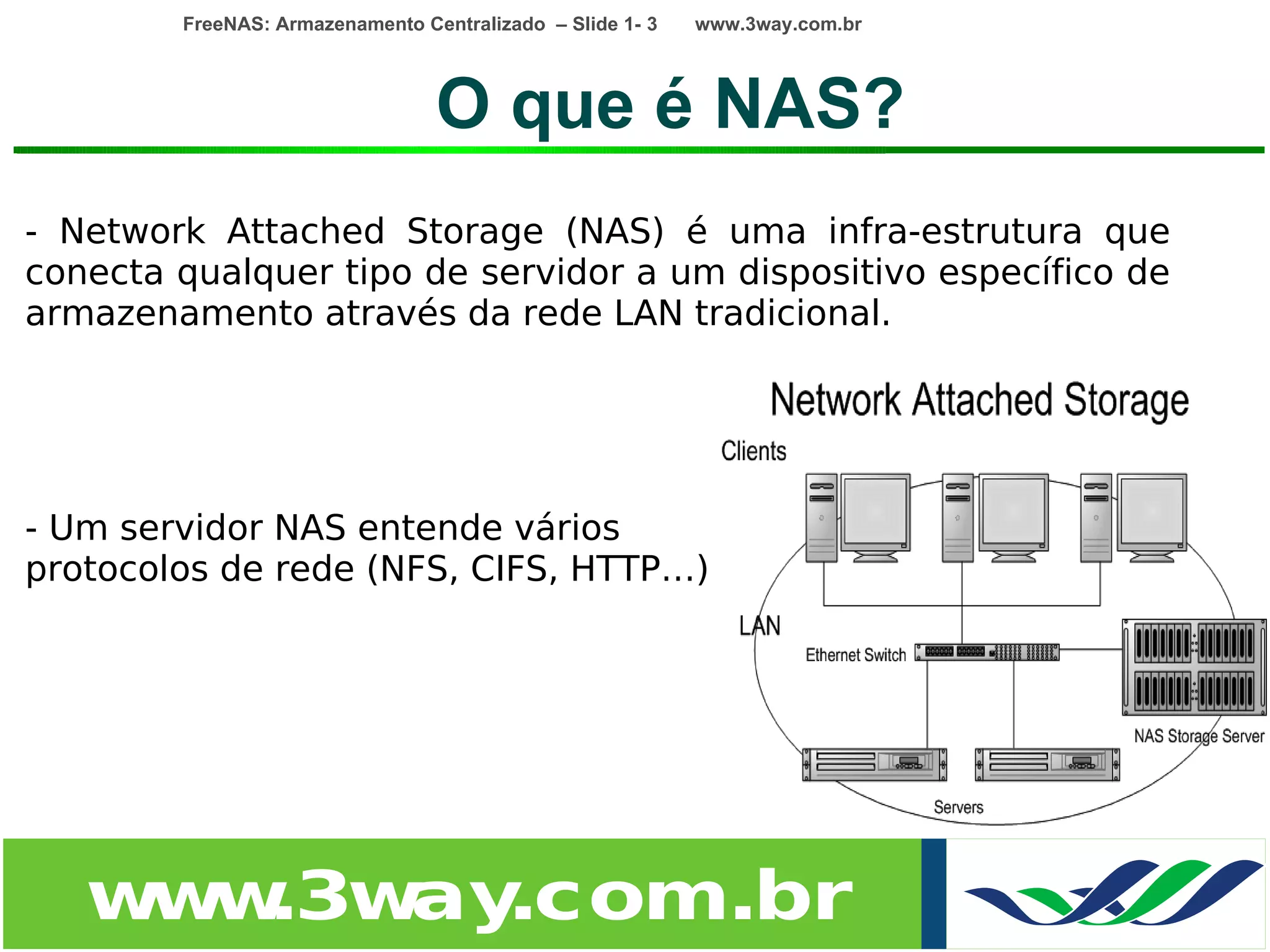 FreeNAS: Armazenamento Centralizado – Slide 1- 3   www.3way.com.br




                                 O que é NAS?
- Network Attached Storage (NAS) é uma infra-estrutura que
conecta qualquer tipo de servidor a um dispositivo específico de
armazenamento através da rede LAN tradicional.




- Um servidor NAS entende vários
protocolos de rede (NFS, CIFS, HTTP…)




   w w
    w .3w .com.br
         ay
 