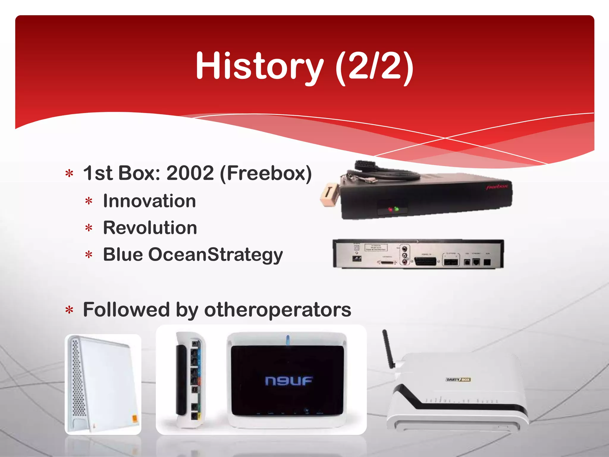 History (2/2)

1st Box: 2002 (Freebox)
  Innovation
  Revolution
  Blue OceanStrategy

Followed by otheroperators
 