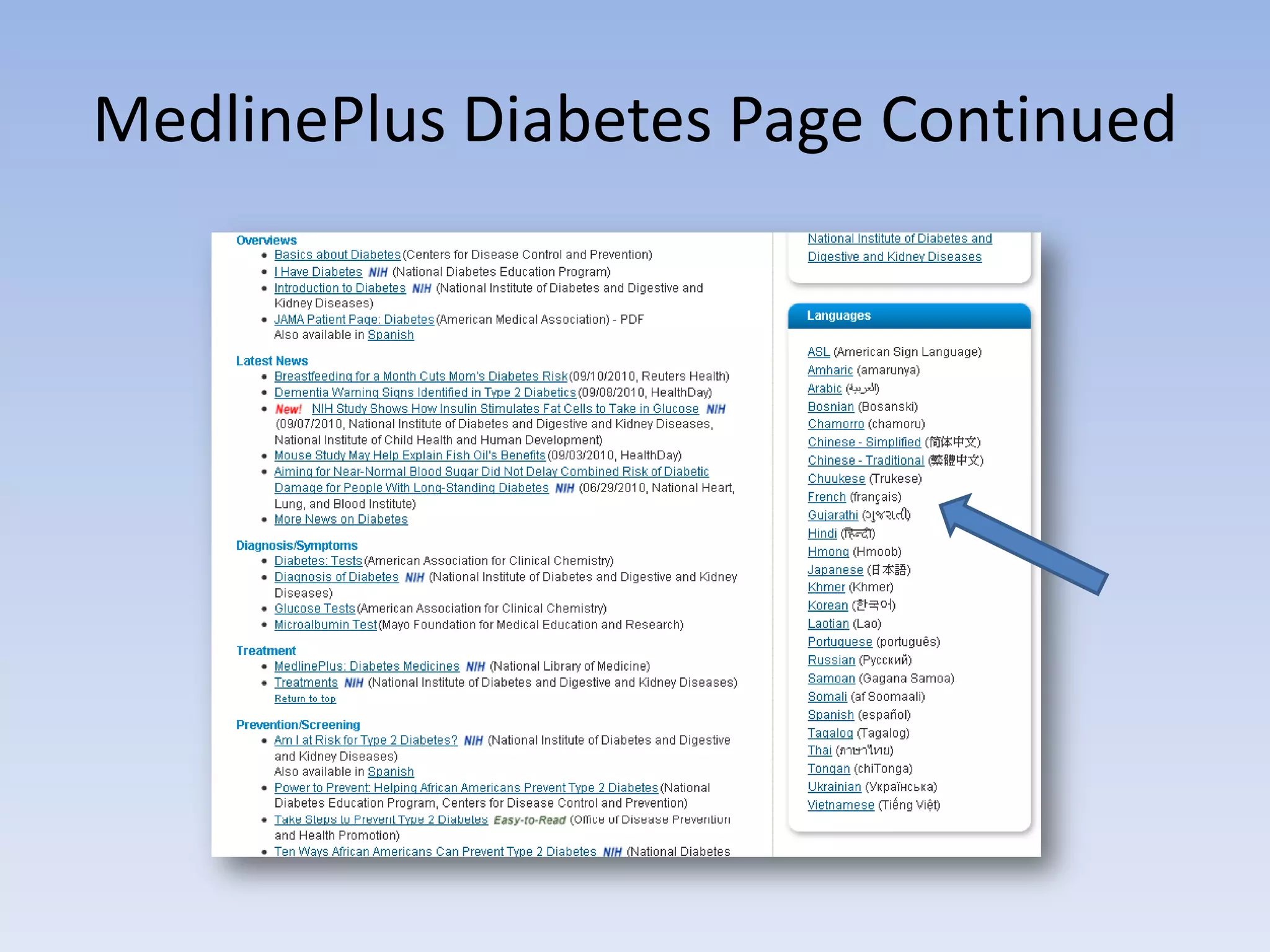 MedlinePlus Diabetes Page Continued
 