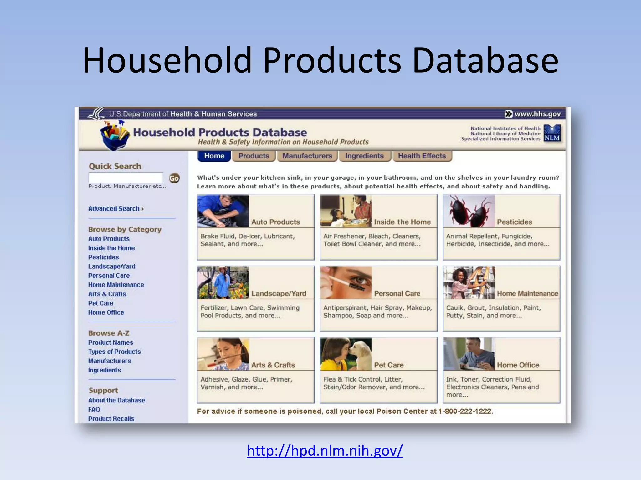 Household Products Database




         http://hpd.nlm.nih.gov/
 