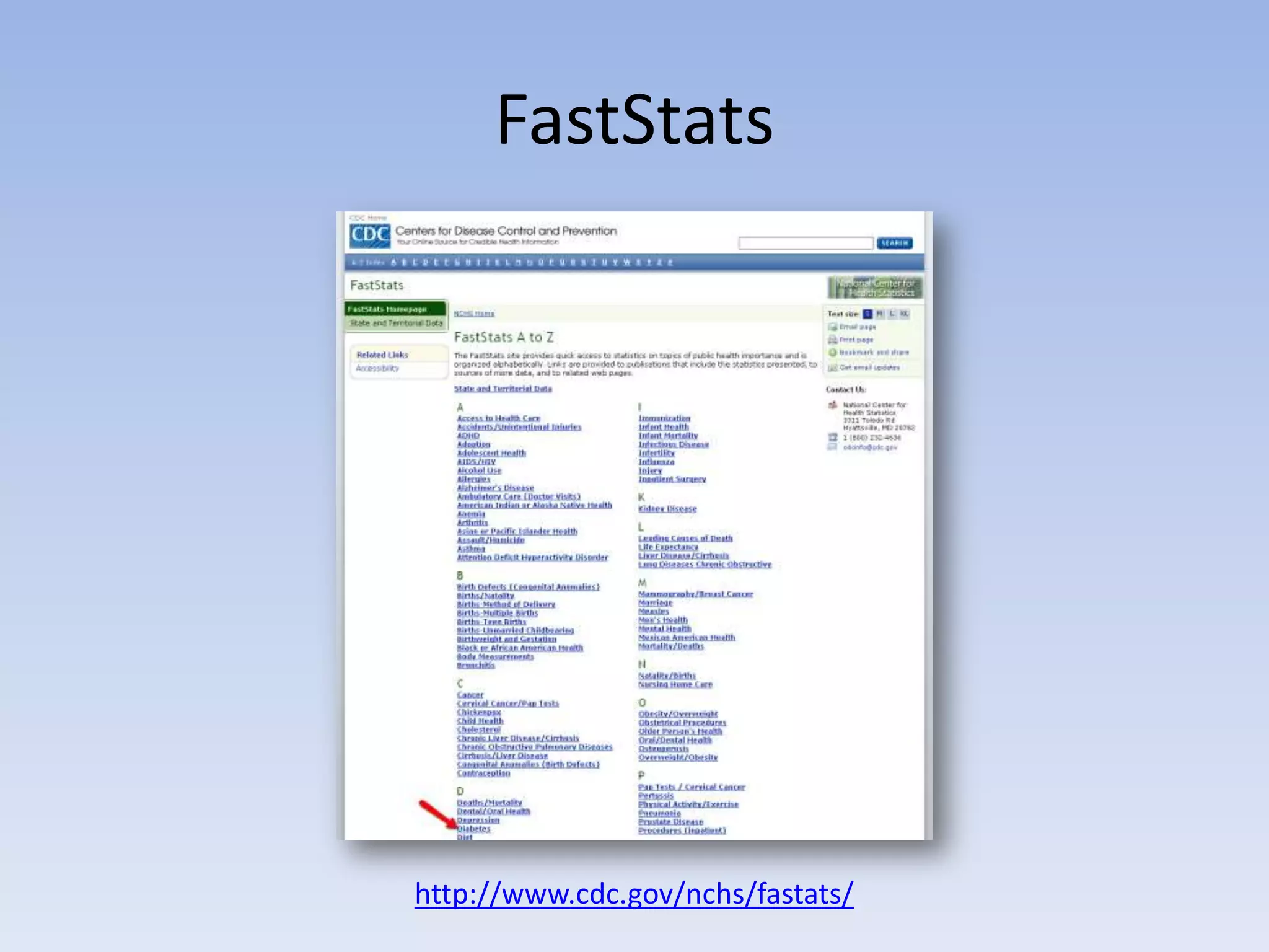 FastStats




http://www.cdc.gov/nchs/fastats/
 