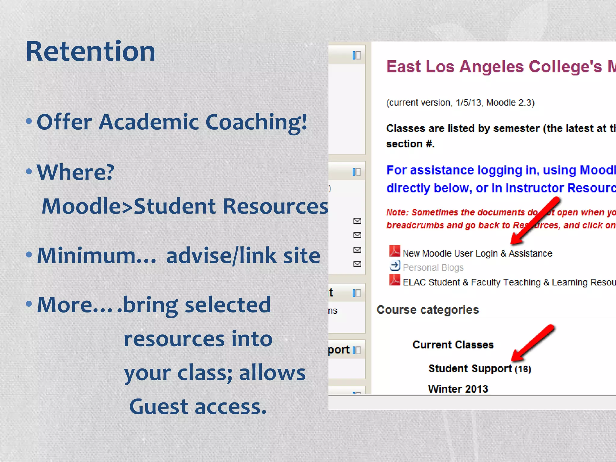 Retention
•Offer Academic Coaching!
•Where?
Moodle>Student Resources
•Minimum… advise/link site
•More….bring selected
resources into
your class; allows
Guest access.
 