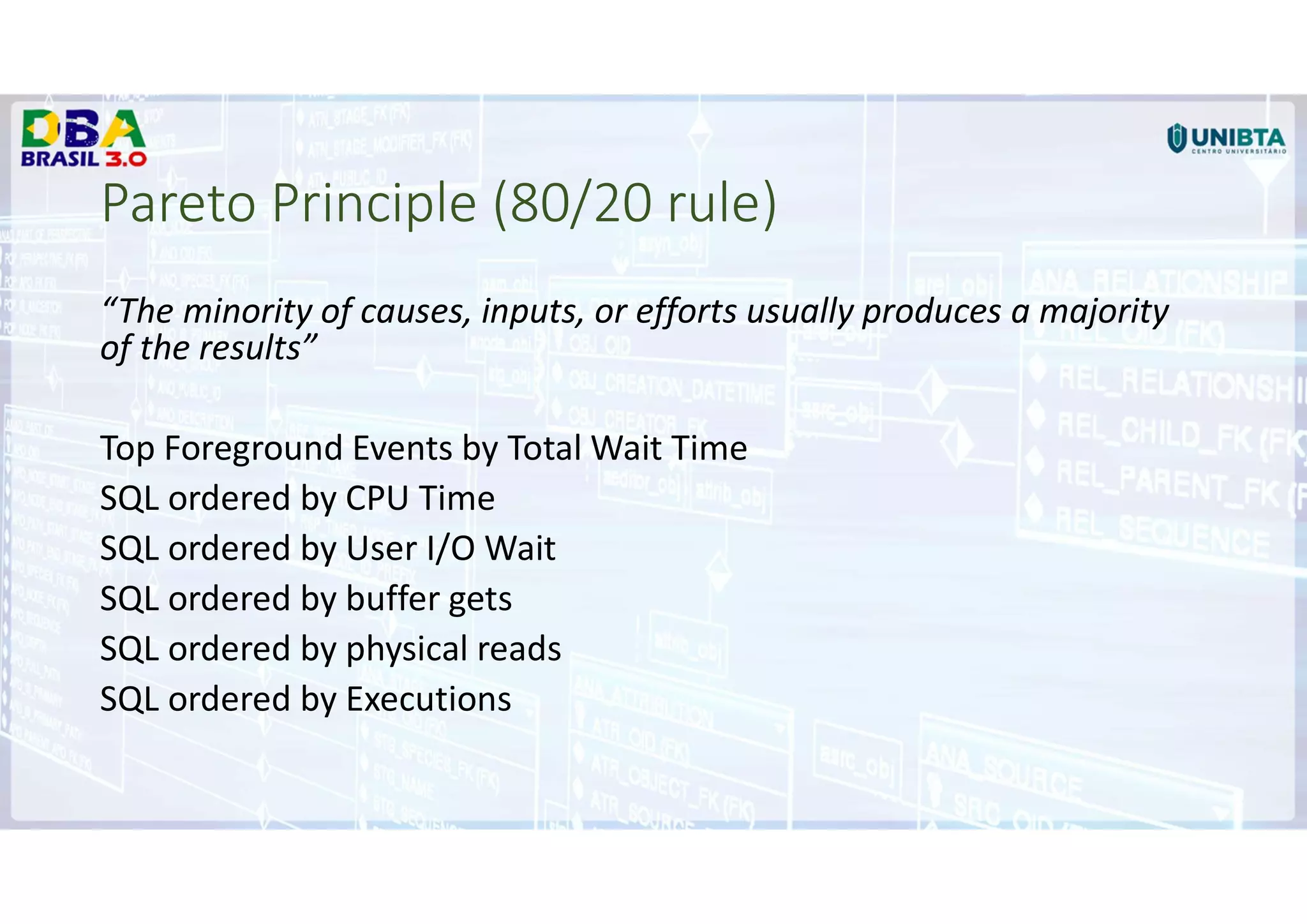 Pareto Principle (80/20 rule)
“The minority of causes, inputs, or efforts usually produces a majority
of the results”
Top Foreground Events by Total Wait Time
SQL ordered by CPU Time
SQL ordered by User I/O Wait
SQL ordered by buffer gets
SQL ordered by physical reads
SQL ordered by Executions
 